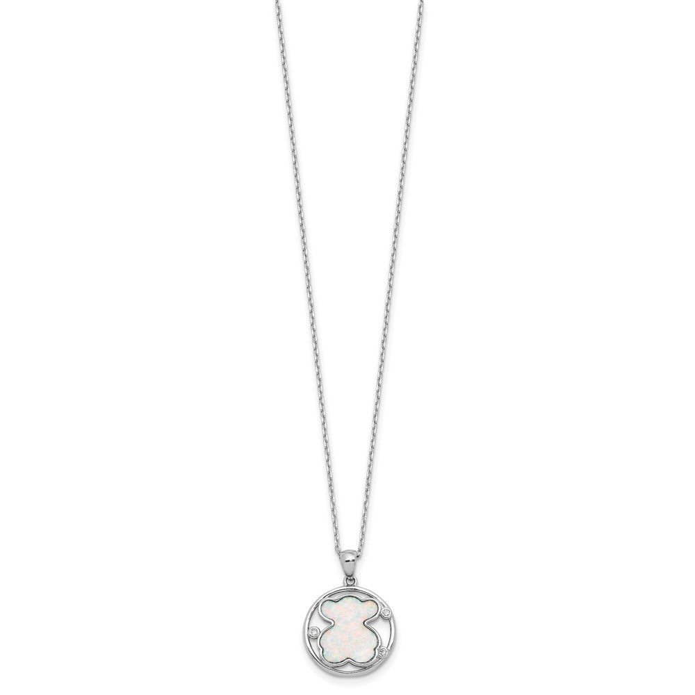 Sterling Silver Rhodium Plated CZ Cr Opal Inlay Bear 16in w/2in Ext Necklace