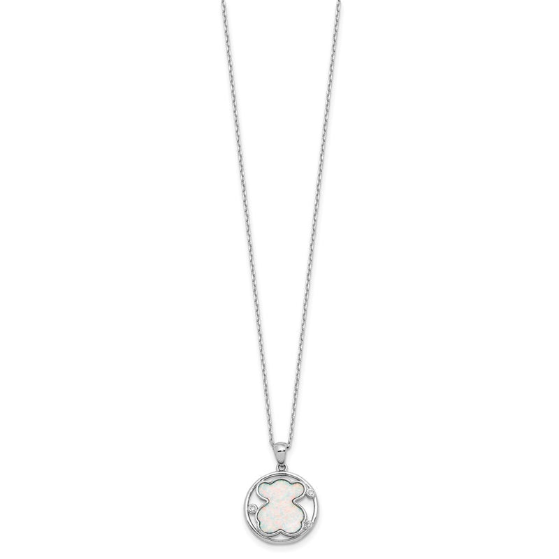Sterling Silver Rhodium Plated CZ Cr Opal Inlay Bear 16in w/2in Ext Necklace