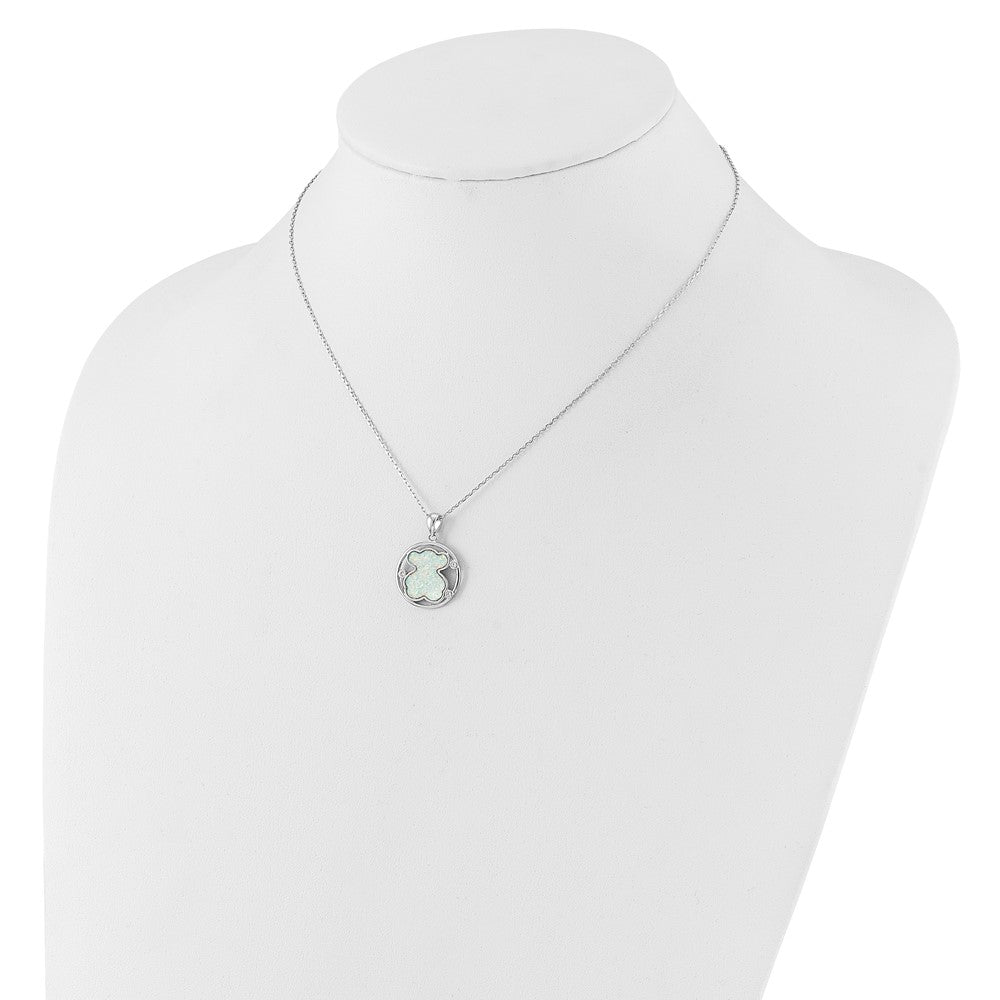 Sterling Silver Rhodium Plated CZ Cr Opal Inlay Bear 16in w/2in Ext Necklace