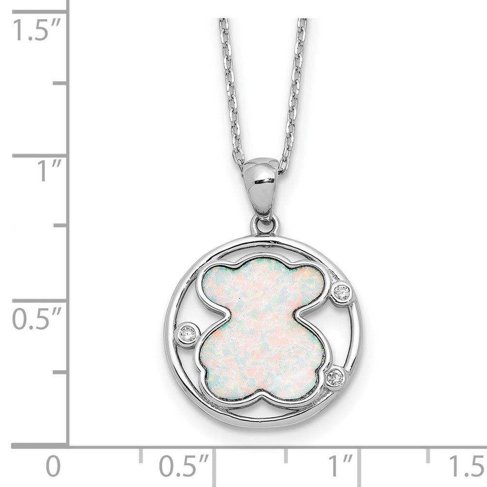 Sterling Silver Rhodium Plated CZ Cr Opal Inlay Bear 16in w/2in Ext Necklace