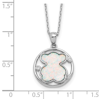 Sterling Silver Rhodium Plated CZ Cr Opal Inlay Bear 16in w/2in Ext Necklace