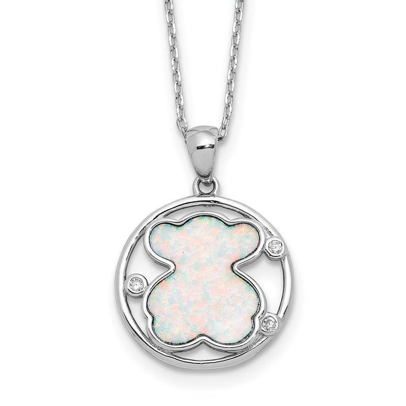 Sterling Silver Rhodium Plated CZ Cr Opal Inlay Bear 16in w/2in Ext Necklace