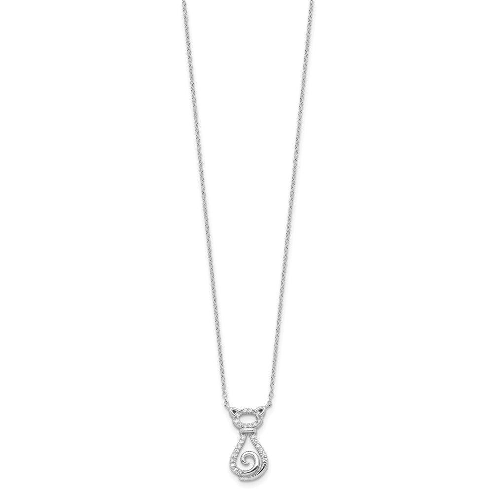 Sterling Silver Rhodium-Plated CZ Cat w/2IN Ext Necklace