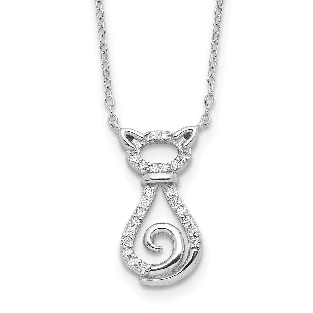 Sterling Silver Rhodium-Plated CZ Cat w/2IN Ext Necklace