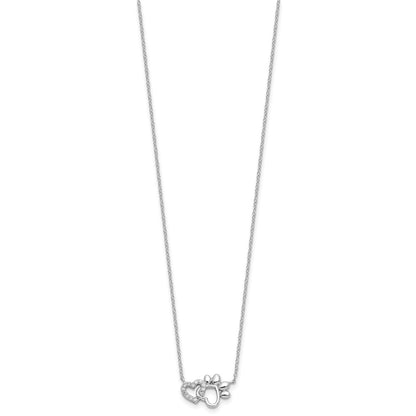 Sterling Silver Rhodium Plated CZ Heart and Pawprint 16in w/2in Ext Necklace