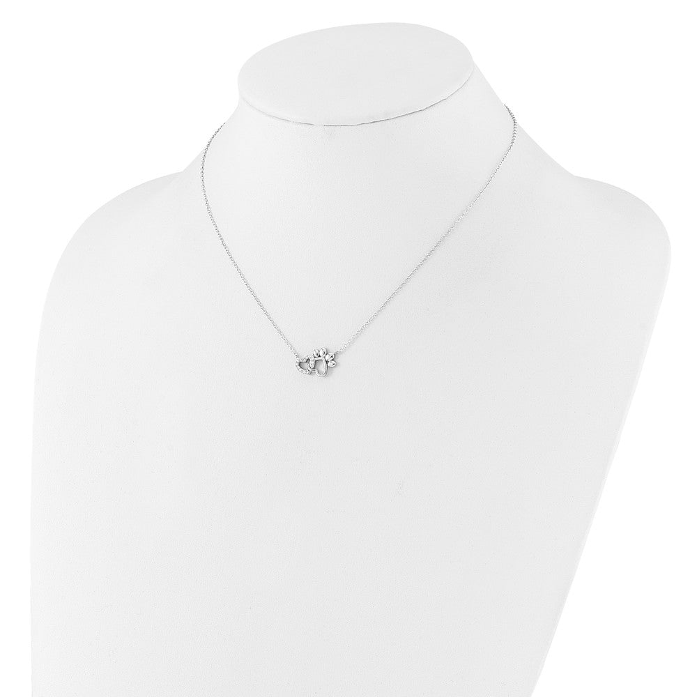 Sterling Silver Rhodium Plated CZ Heart and Pawprint 16in w/2in Ext Necklace