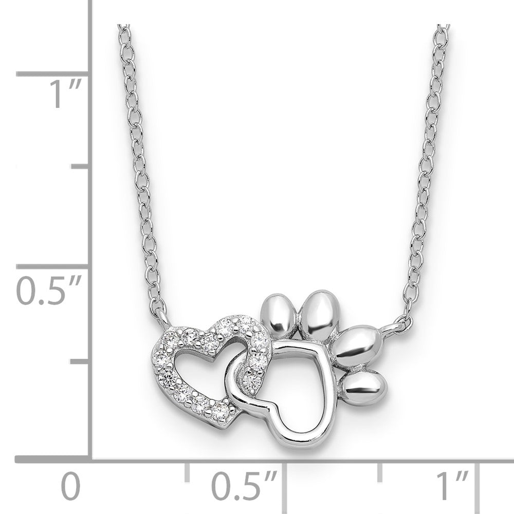 Sterling Silver Rhodium Plated CZ Heart and Pawprint 16in w/2in Ext Necklace