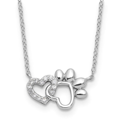 Sterling Silver Rhodium Plated CZ Heart and Pawprint 16in w/2in Ext Necklace