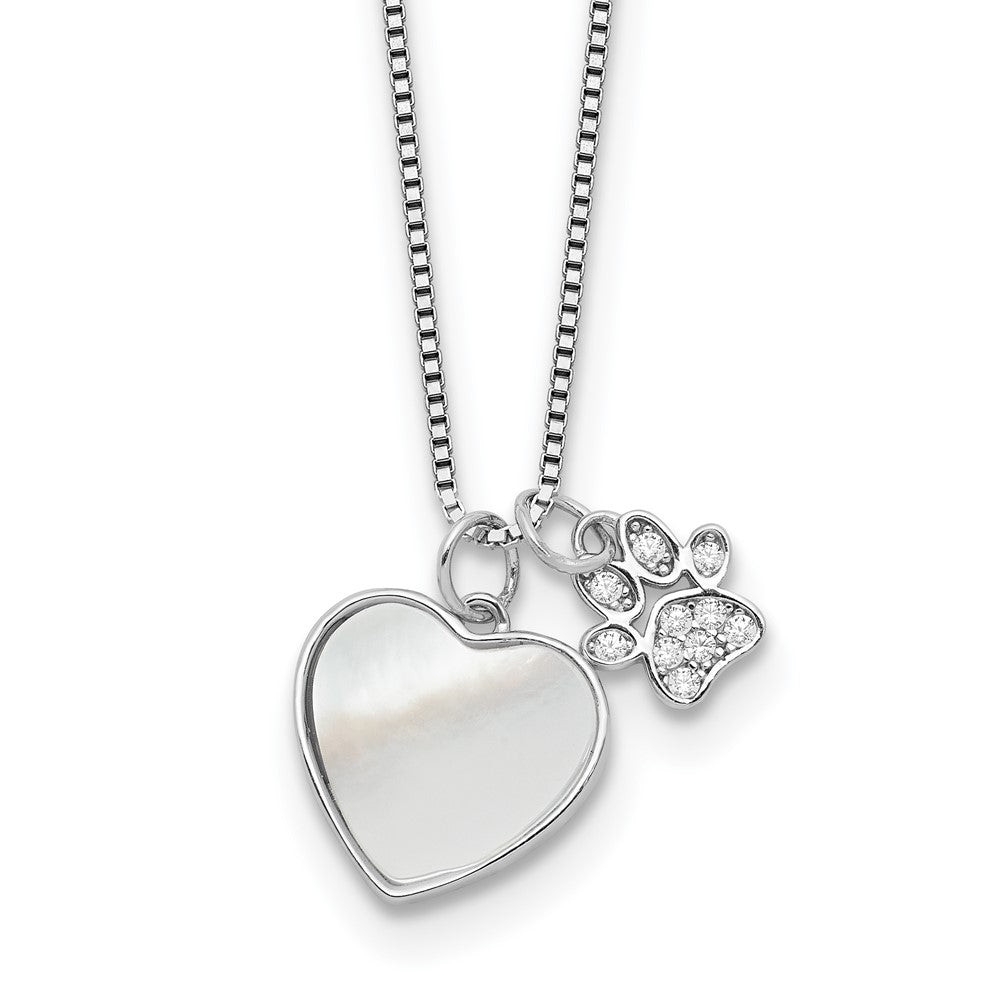 Sterling Silver Rhodium Plated Mop/cz Paw w/2IN Ext Necklace