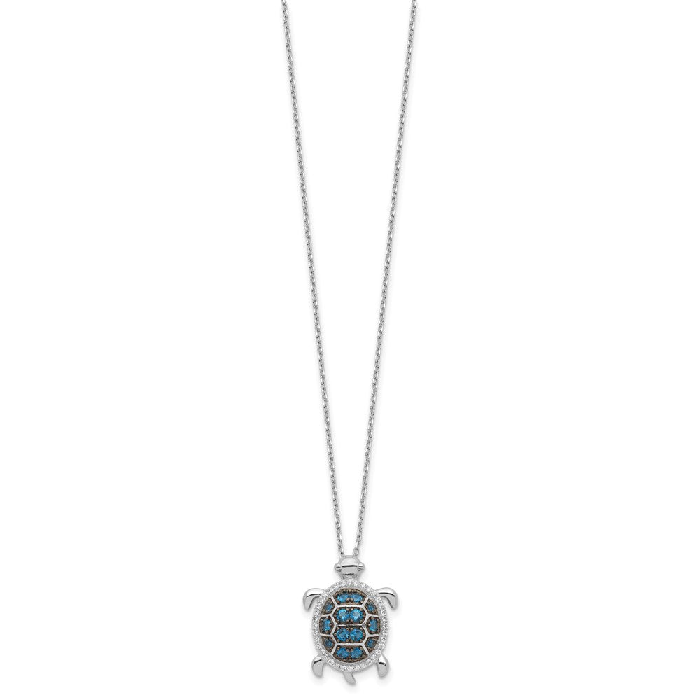 Sterling Silver Rhodium Plated and Black Rhodium CZ Turtle w/2in Ext Necklace