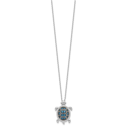 Sterling Silver Rhodium Plated and Black Rhodium CZ Turtle w/2in Ext Necklace