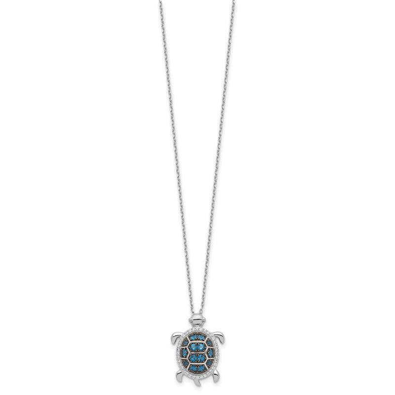 Sterling Silver Rhodium Plated and Black Rhodium CZ Turtle w/2in Ext Necklace