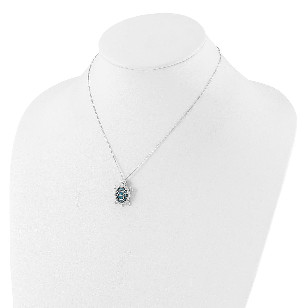 Sterling Silver Rhodium Plated and Black Rhodium CZ Turtle w/2in Ext Necklace
