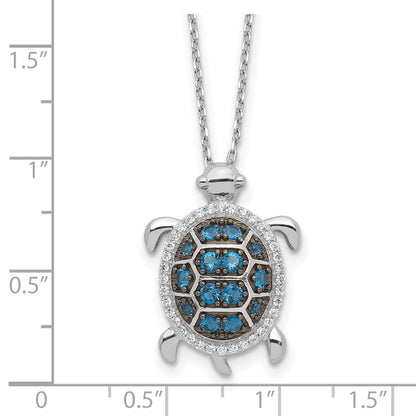 Sterling Silver Rhodium Plated and Black Rhodium CZ Turtle w/2in Ext Necklace