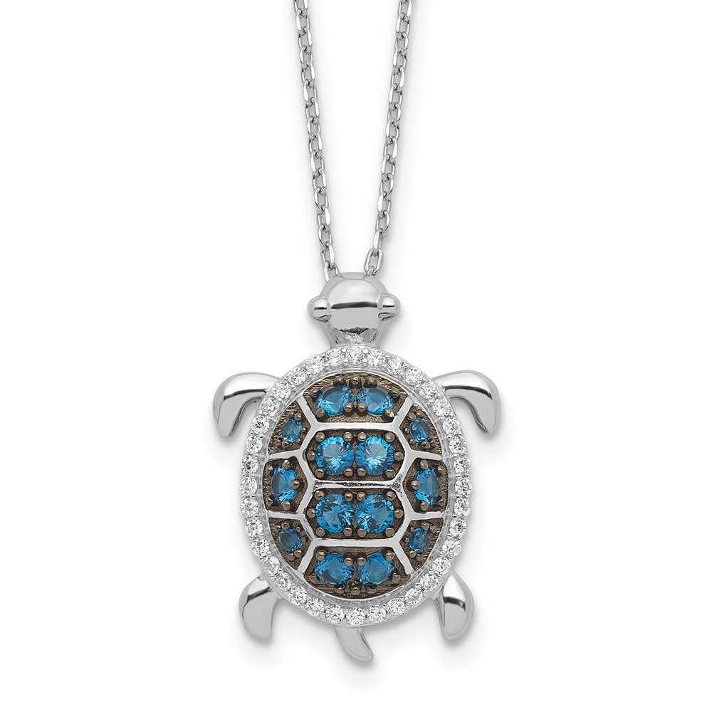 Sterling Silver Rhodium Plated and Black Rhodium CZ Turtle w/2in Ext Necklace