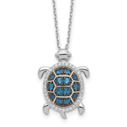 Sterling Silver Rhodium Plated and Black Rhodium CZ Turtle w/2in Ext Necklace