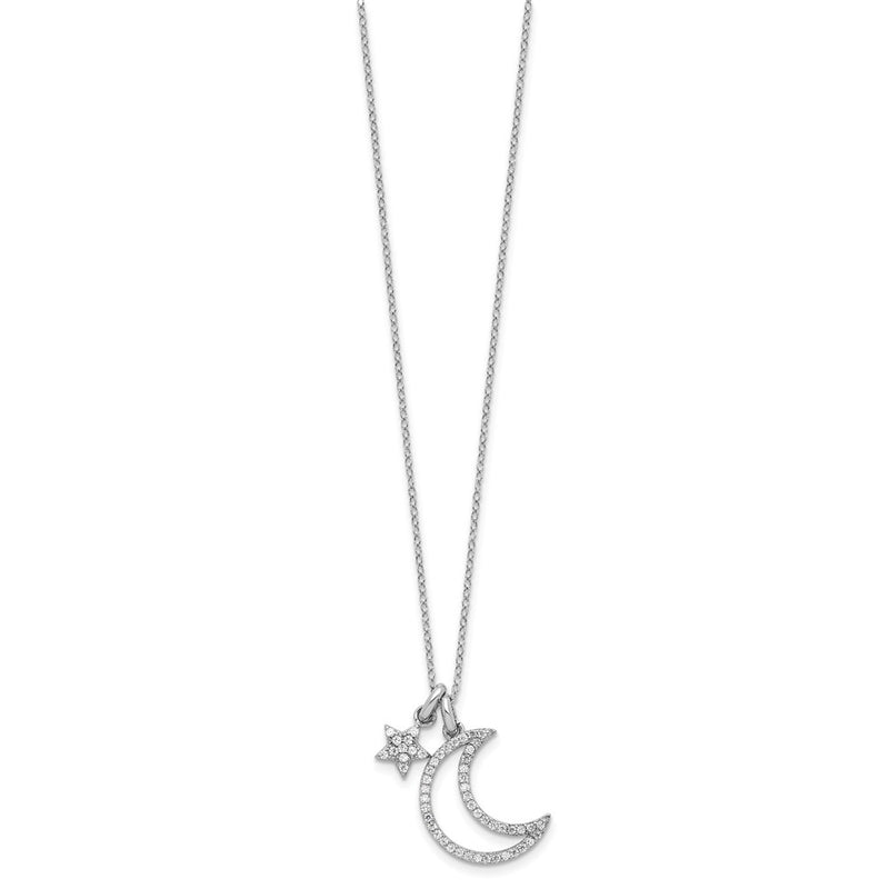 Sterling Silver Rhodium Plated CZ Moon/star w/2In Ext Necklace