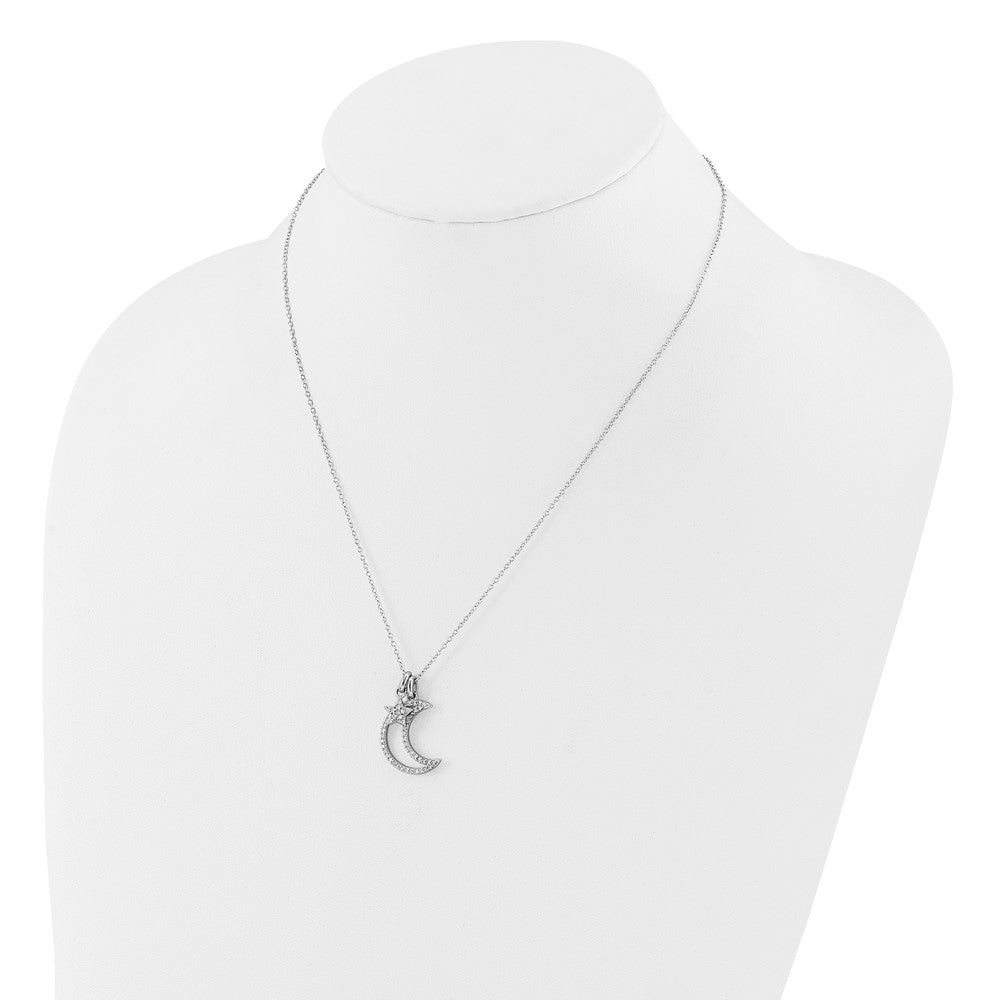 Sterling Silver Rhodium Plated CZ Moon/star w/2In Ext Necklace