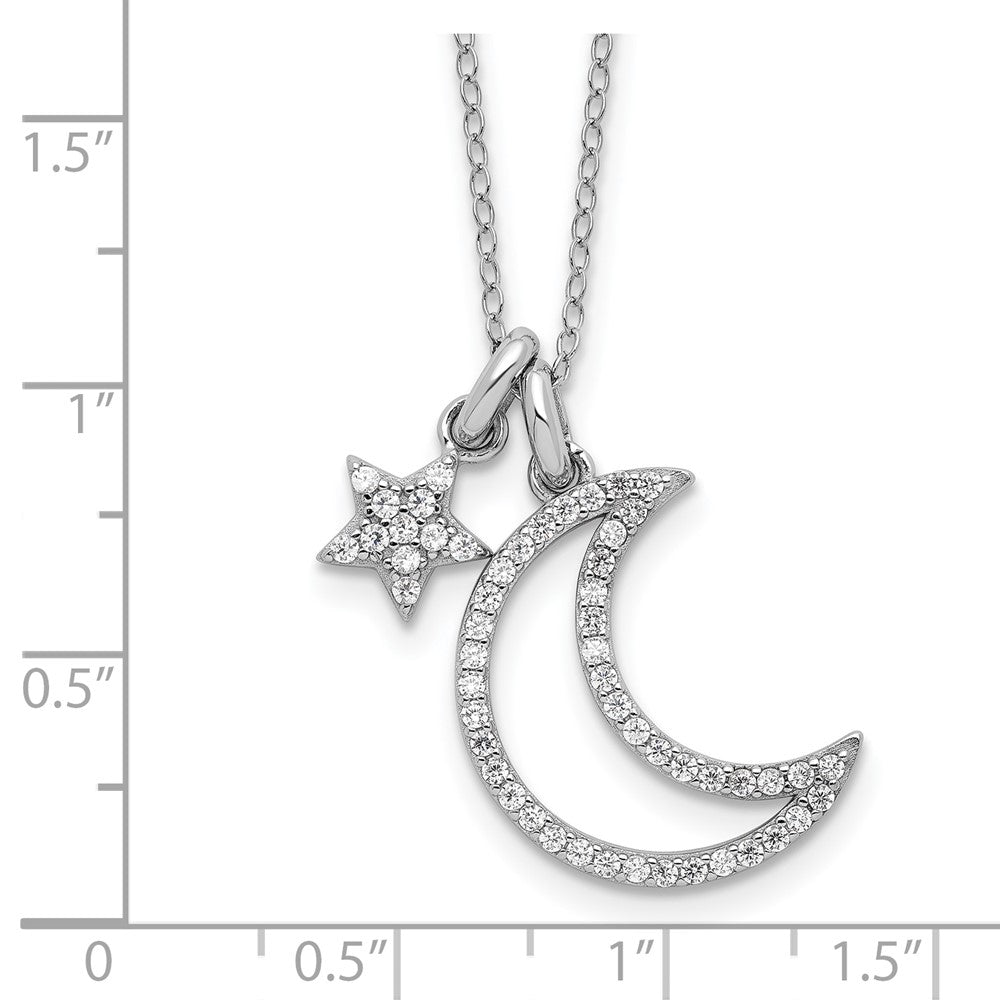 Sterling Silver Rhodium Plated CZ Moon/star w/2In Ext Necklace