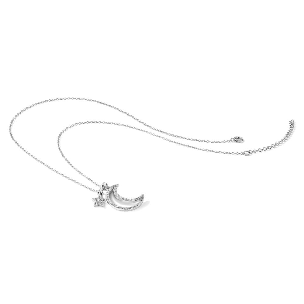 Sterling Silver Rhodium Plated CZ Moon/star w/2In Ext Necklace