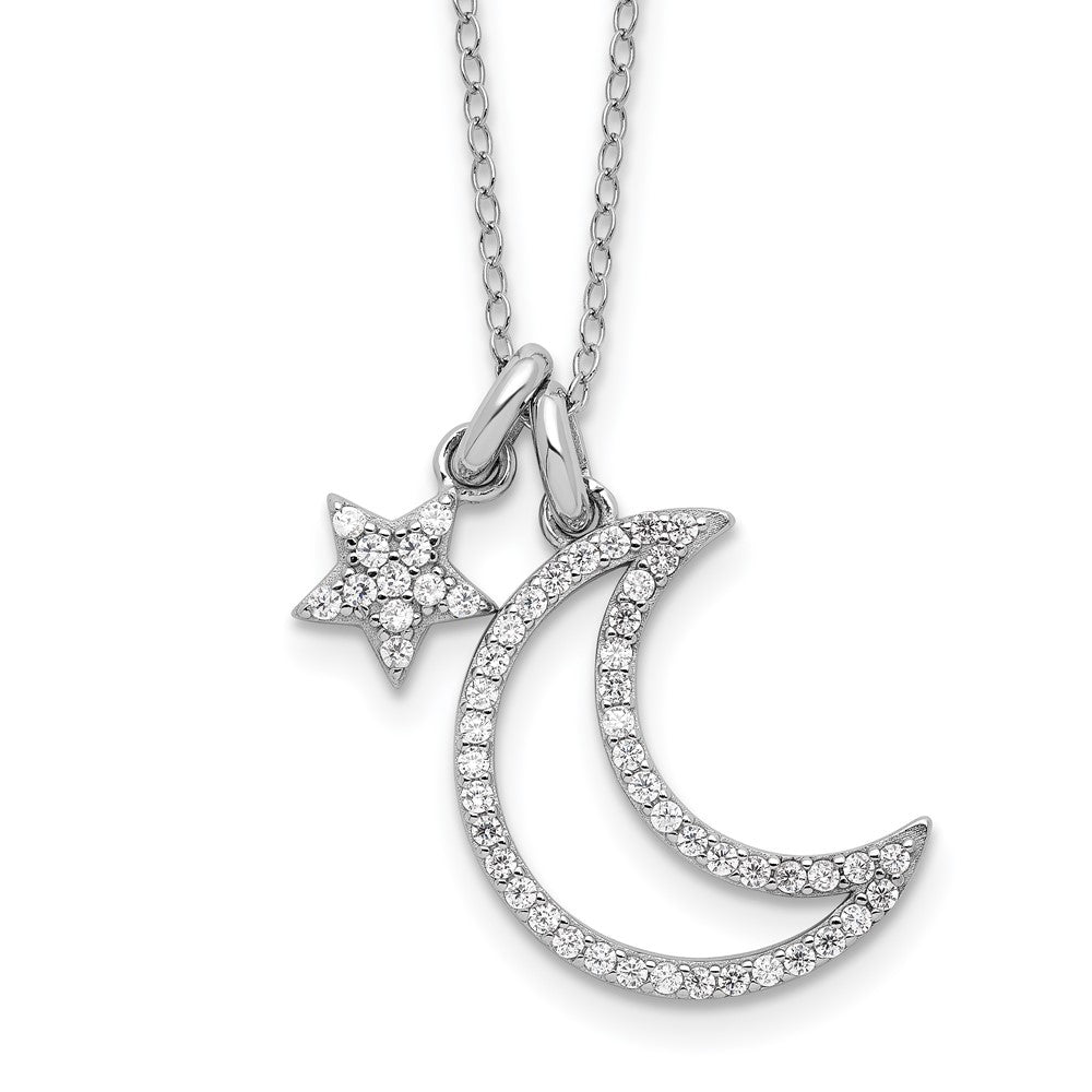 Sterling Silver Rhodium Plated CZ Moon/star w/2In Ext Necklace