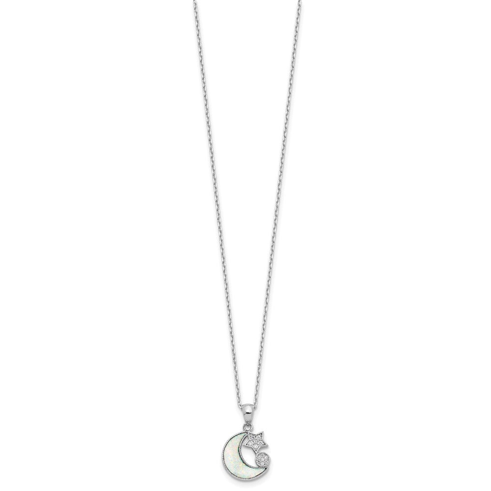 Sterling Silver Rhodium Plated CZ Created Opal Inlay Moon w/2in Ext Necklace