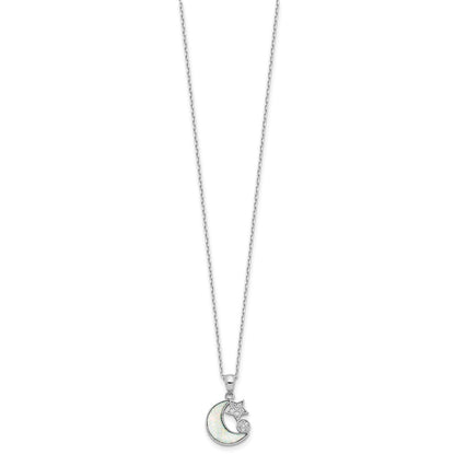 Sterling Silver Rhodium Plated CZ Created Opal Inlay Moon w/2in Ext Necklace