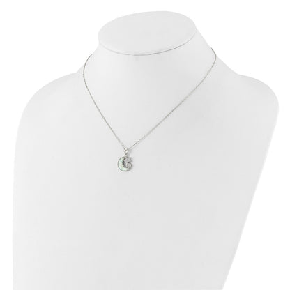 Sterling Silver Rhodium Plated CZ Created Opal Inlay Moon w/2in Ext Necklace