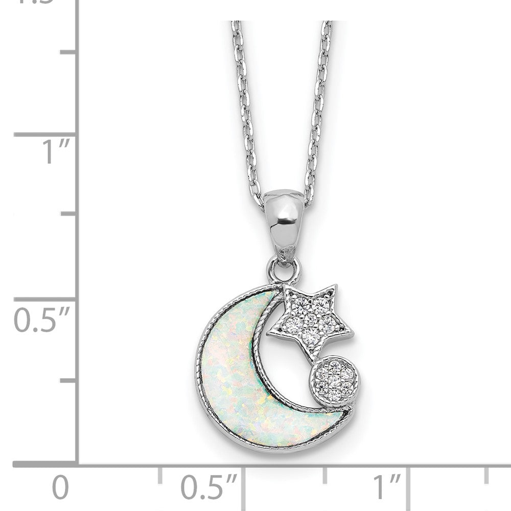 Sterling Silver Rhodium Plated CZ Created Opal Inlay Moon w/2in Ext Necklace