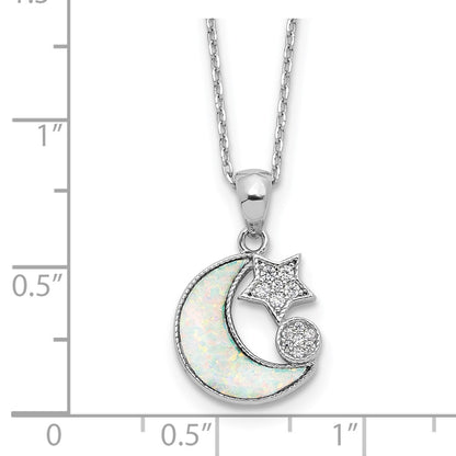 Sterling Silver Rhodium Plated CZ Created Opal Inlay Moon w/2in Ext Necklace