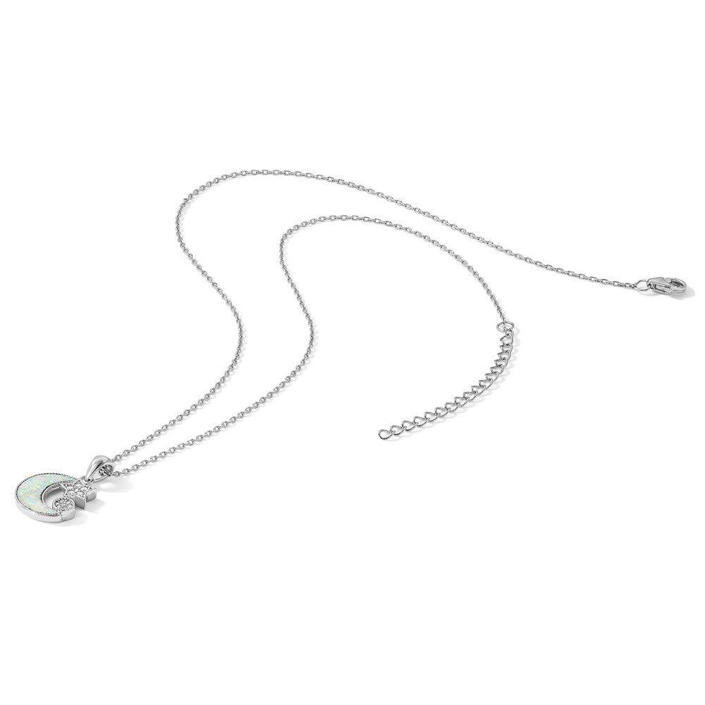 Sterling Silver Rhodium Plated CZ Created Opal Inlay Moon w/2in Ext Necklace