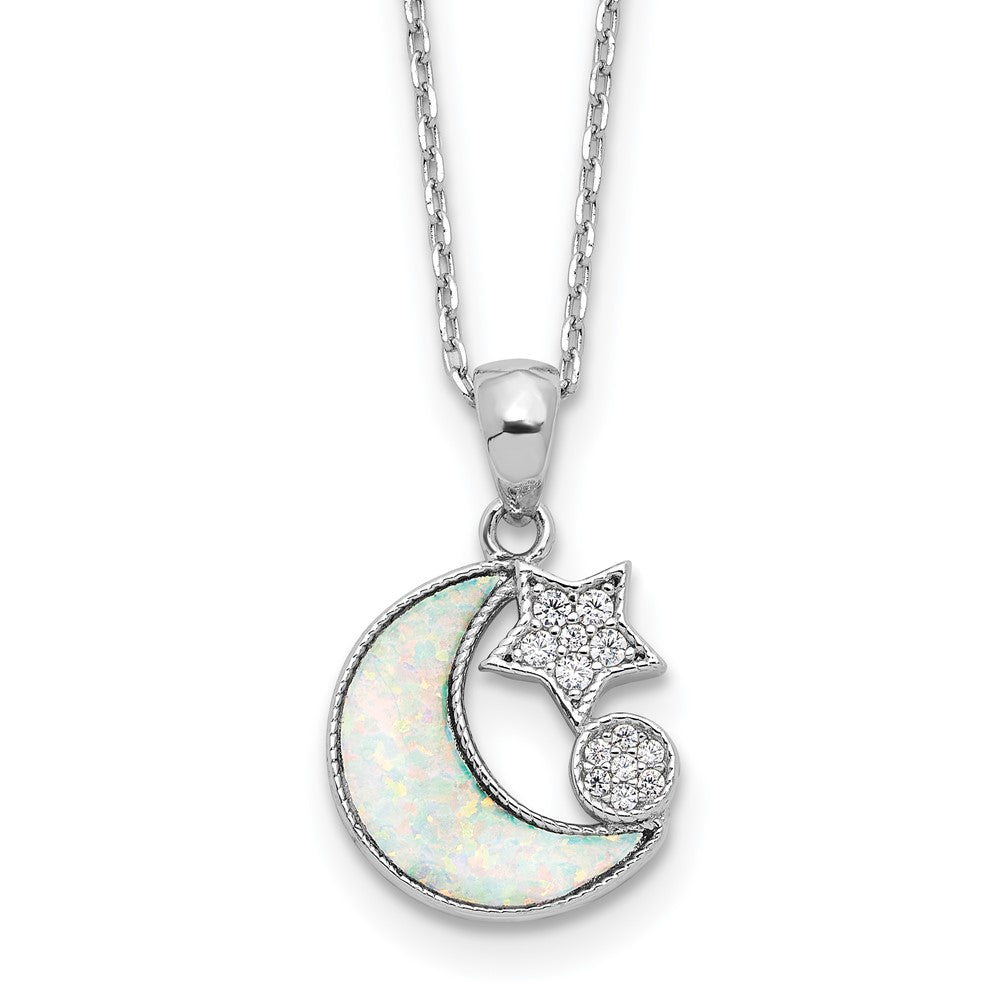 Sterling Silver Rhodium Plated CZ Created Opal Inlay Moon w/2in Ext Necklace
