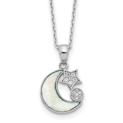 Sterling Silver Rhodium Plated CZ Created Opal Inlay Moon w/2in Ext Necklace
