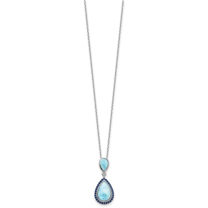 Sterling Silver Rhodium Plated Blue CZ and Larimar 16in w/2in Ext Necklace