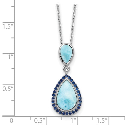 Sterling Silver Rhodium Plated Blue CZ and Larimar 16in w/2in Ext Necklace