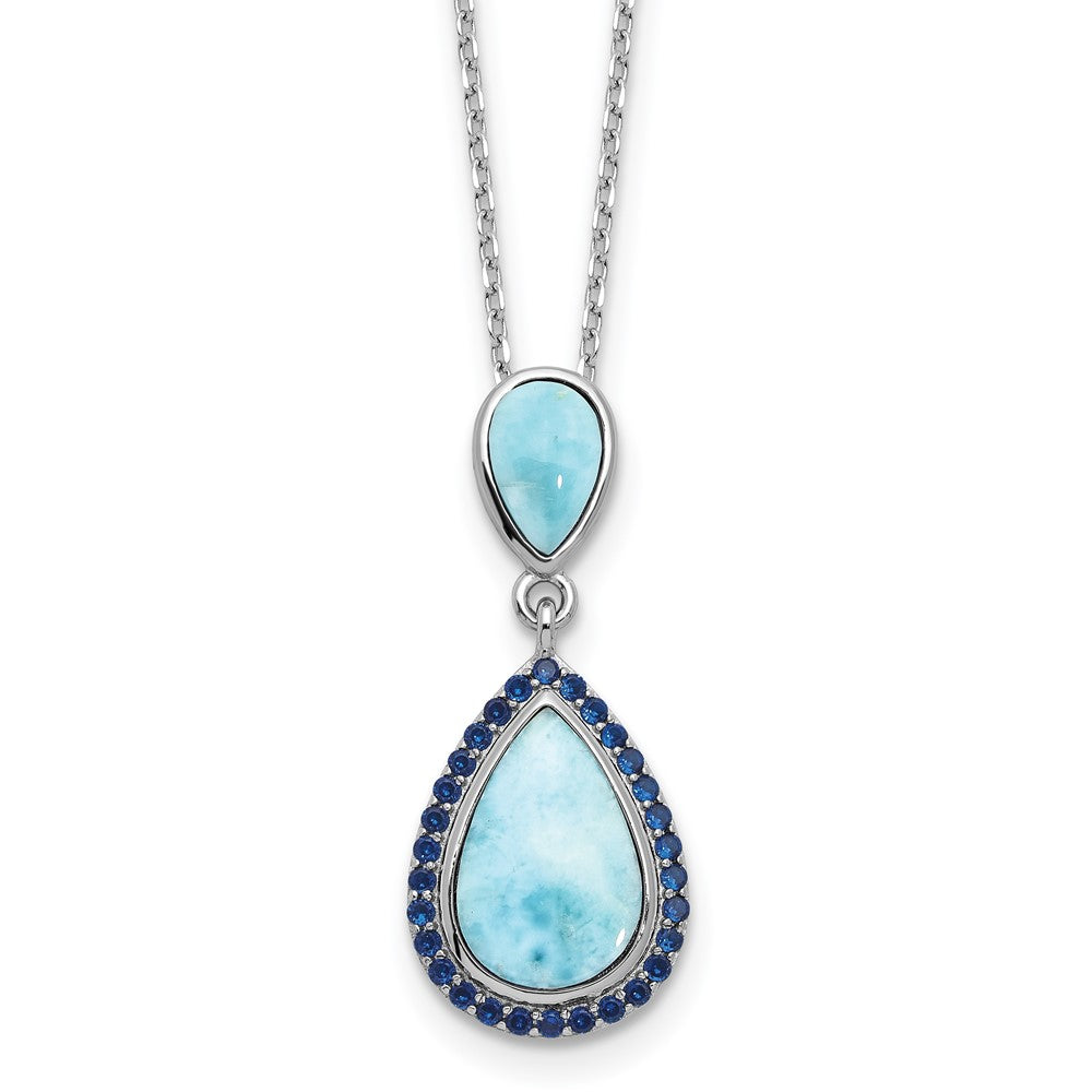 Sterling Silver Rhodium Plated Blue CZ and Larimar 16in w/2in Ext Necklace