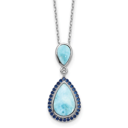 Sterling Silver Rhodium Plated Blue CZ and Larimar 16in w/2in Ext Necklace