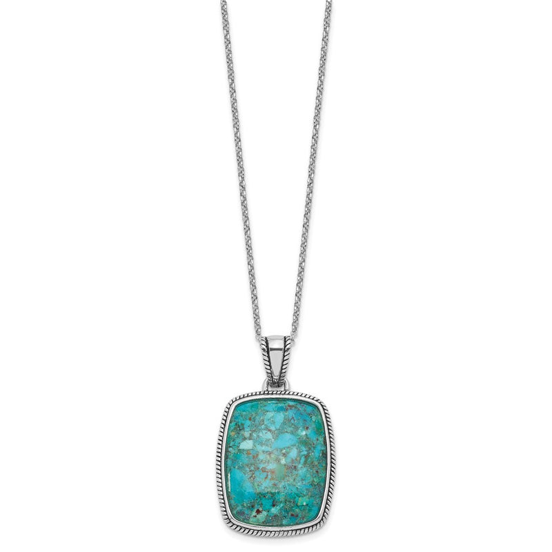 Sterling Silver Rh-Pl Oxidized Compressed Turquoise w/1.75in Ext Necklace