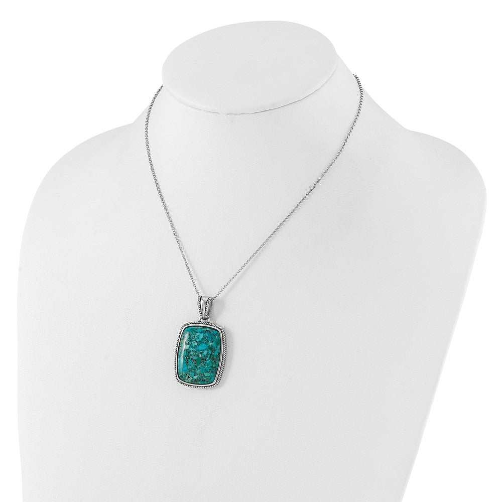 Sterling Silver Rh-Pl Oxidized Compressed Turquoise w/1.75in Ext Necklace