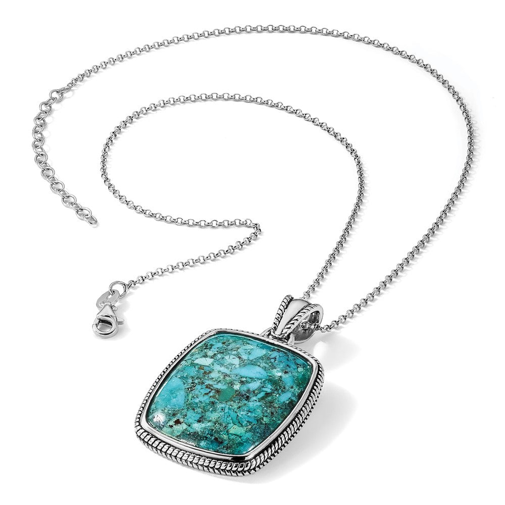 Sterling Silver Rh-Pl Oxidized Compressed Turquoise w/1.75in Ext Necklace