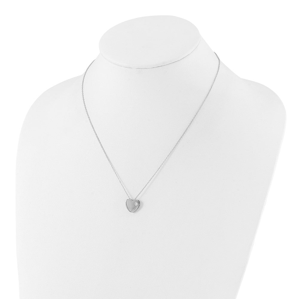 Sterling Silver Rhodium Plated CZ Heart 18in Necklace and Post Earring Set