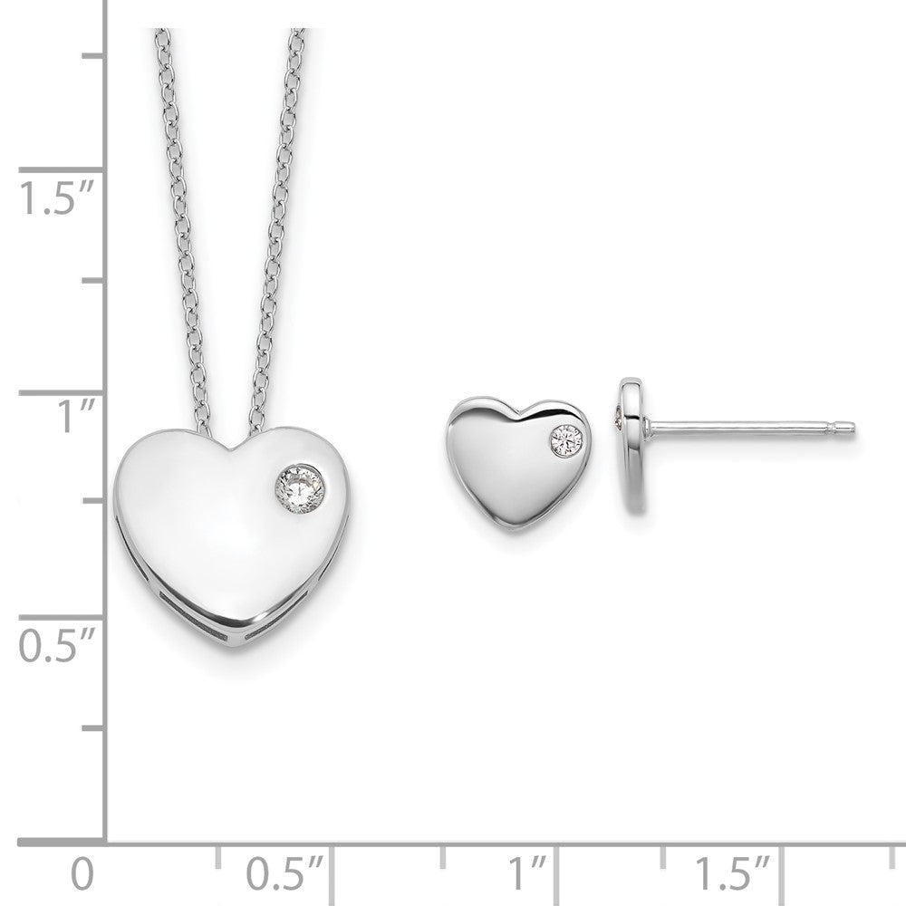 Sterling Silver Rhodium Plated CZ Heart 18in Necklace and Post Earring Set