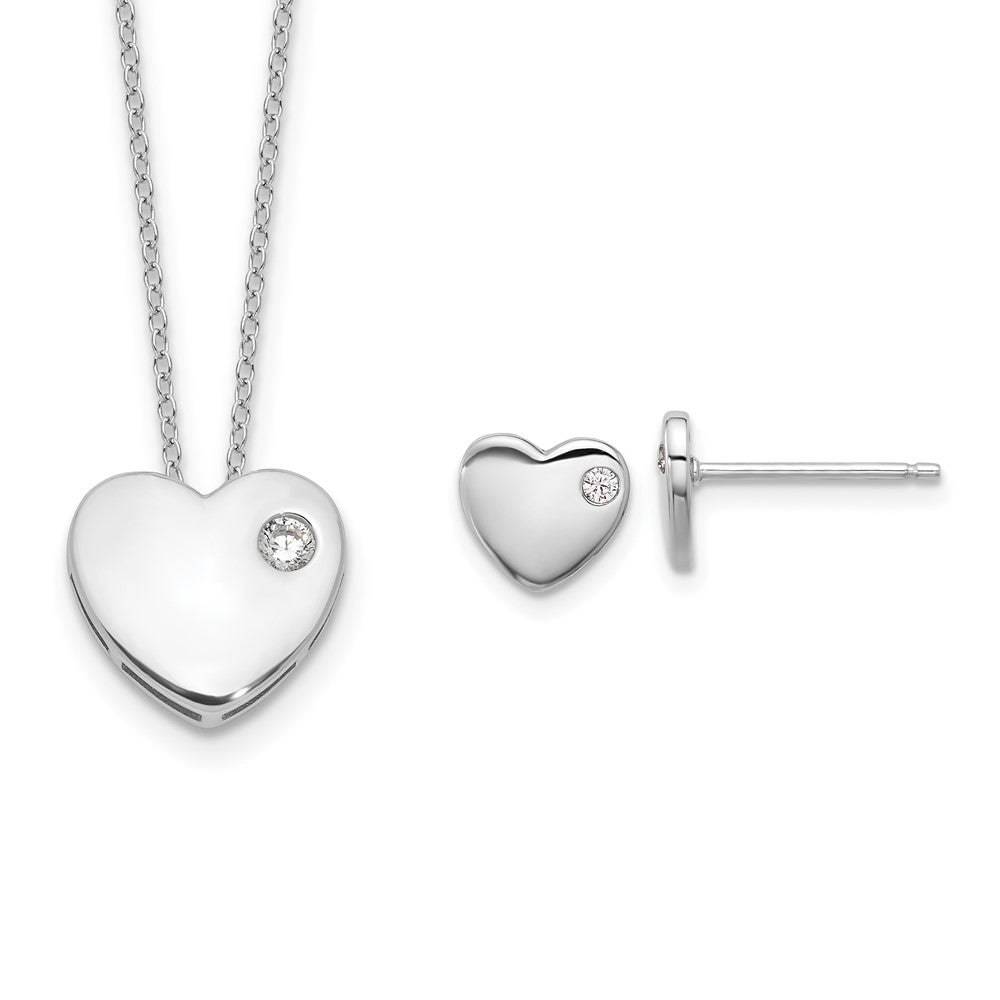 Sterling Silver Rhodium Plated CZ Heart 18in Necklace and Post Earring Set