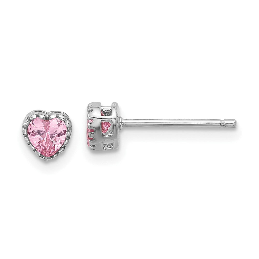 Sterling Silver Rhodium Plated Pink CZ Heart 13in w/2in Ext Necklace/earring Set