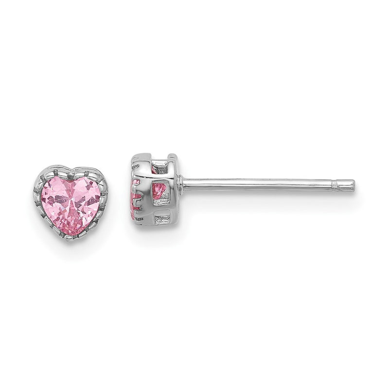 Sterling Silver Rhodium Plated Pink CZ Heart 13in w/2in Ext Necklace/earring Set