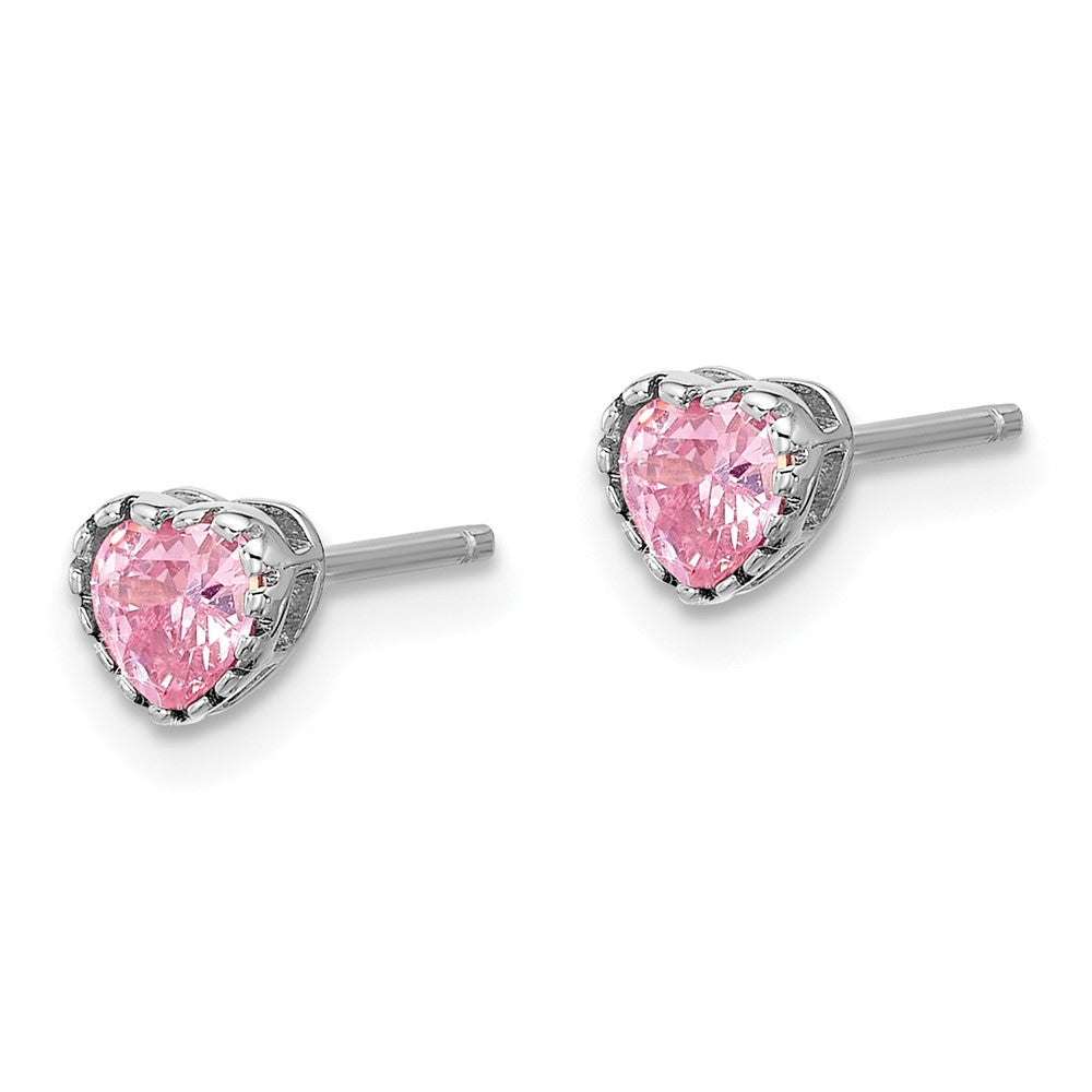 Sterling Silver Rhodium Plated Pink CZ Heart 13in w/2in Ext Necklace/earring Set