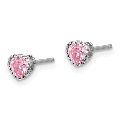 Sterling Silver Rhodium Plated Pink CZ Heart 13in w/2in Ext Necklace/earring Set