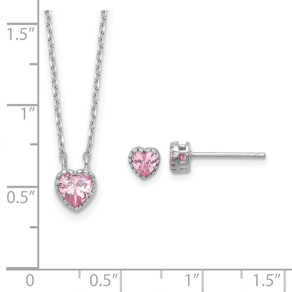 Sterling Silver Rhodium Plated Pink CZ Heart 13in w/2in Ext Necklace/earring Set