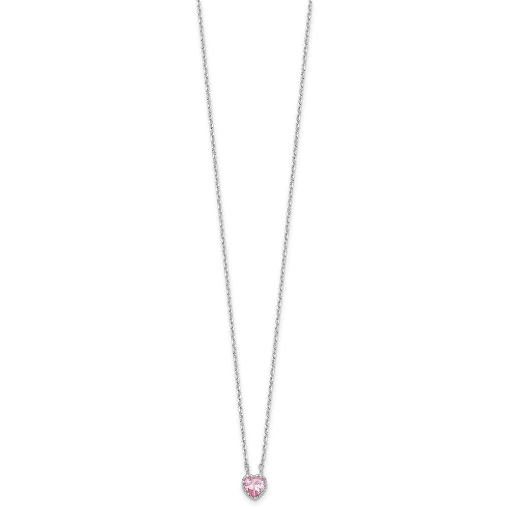 Sterling Silver Rhodium Plated Pink CZ Heart 13in w/2in Ext Necklace/earring Set