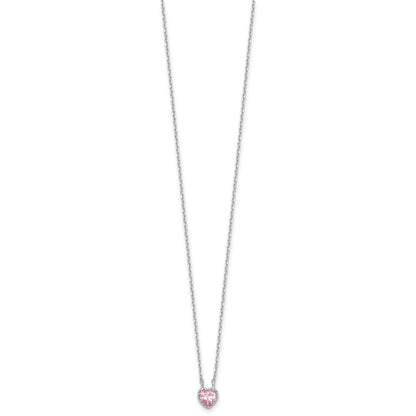 Sterling Silver Rhodium Plated Pink CZ Heart 13in w/2in Ext Necklace/earring Set